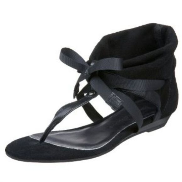 New Chinese Laundry Black Twill Sudoku Sandal Open Toe strap semi-wedge NIB 7 - Picture 2 of 6